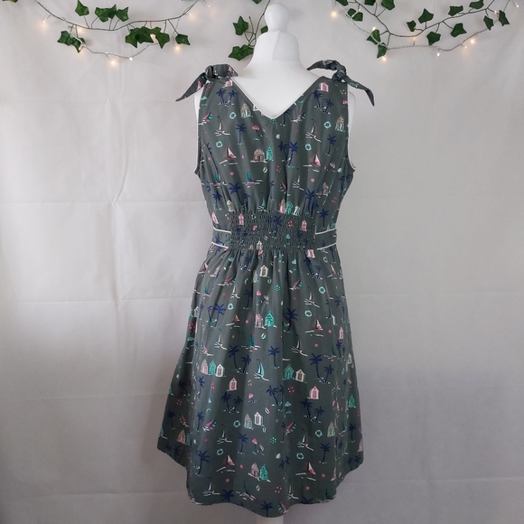 Debenhams Beach Hut Palm Print 100% Cotton Sleeveless Green Unique Dress Size 16 - Picture 6 of 11